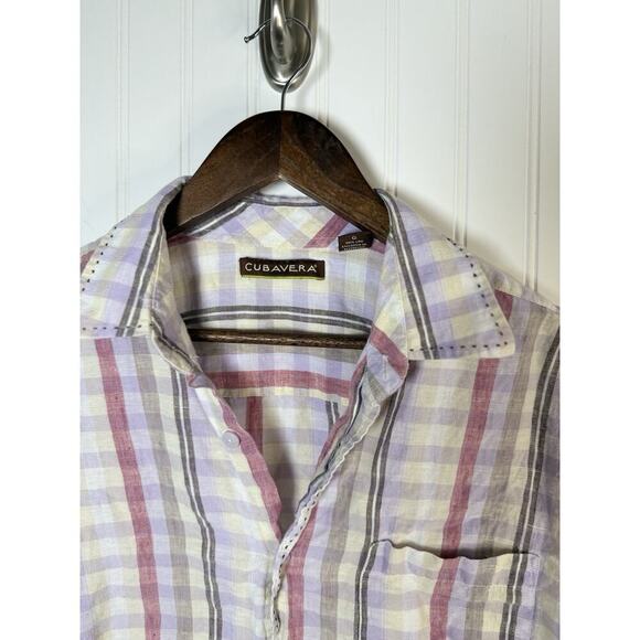 Cubavera Men’s Large Shirt 100% Linen Pastel Plaid Short Sleeve Button Front - Picture 3 of 9